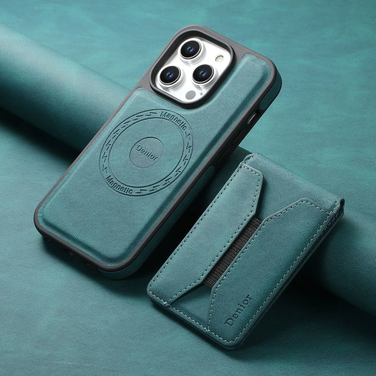 Magnetic iPhone case with rotating bracket and card pack in blue, brown, or black imitation leather.