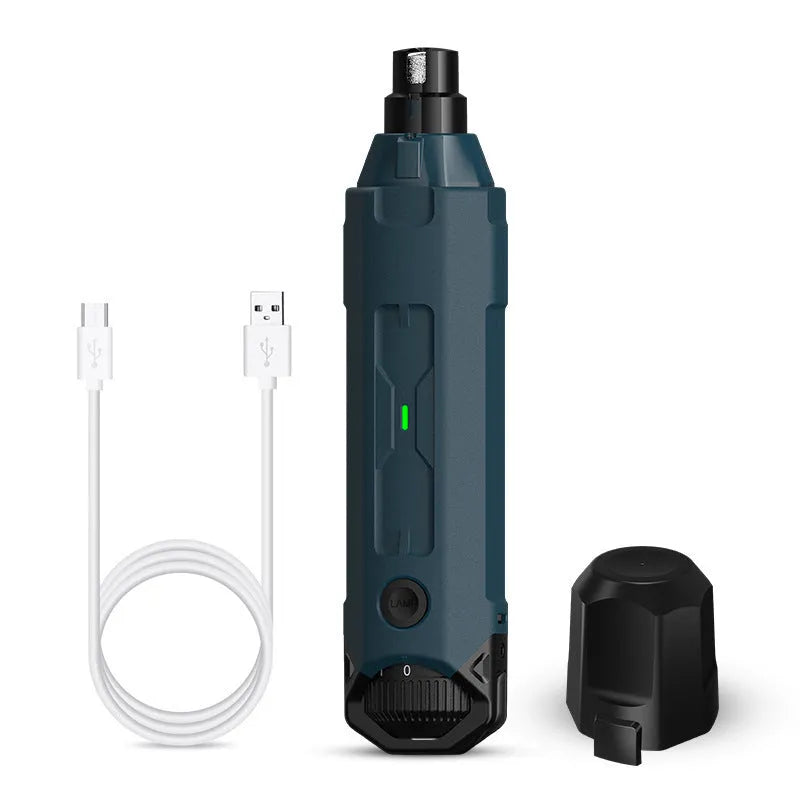 Dark blue pet nail grinder with LED light, 6-speed rotary knob, and USB charging port