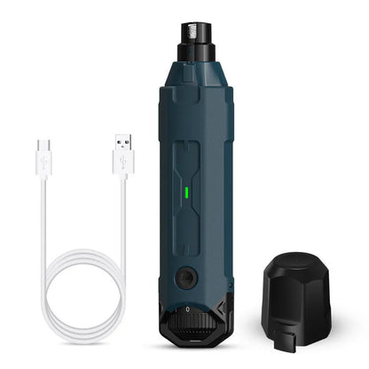 Dark blue pet nail grinder with LED light, 6-speed rotary knob, and USB charging port
