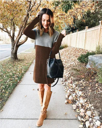 Brown women's long sleeve patchwork dress with a round neck and loose retro fit.