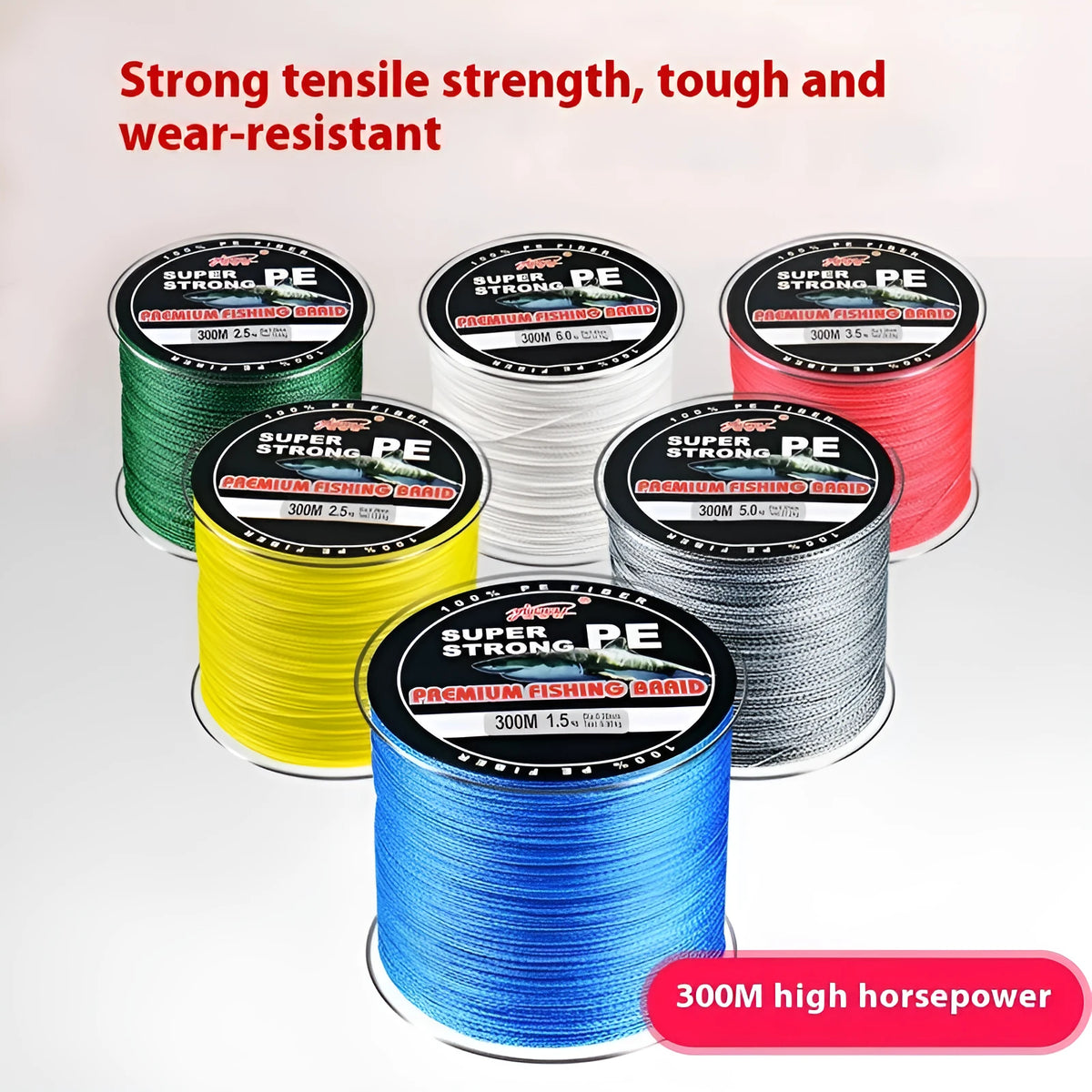 Spool of Dali Mayu 300 metre PE fishing line showing multiple colour options and line number thickness choices.