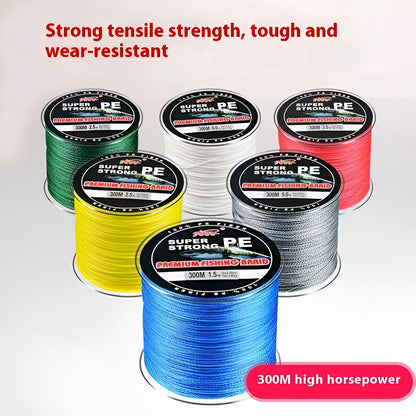 Spool of Dali Mayu 300 metre PE fishing line showing multiple colour options and line number thickness choices.