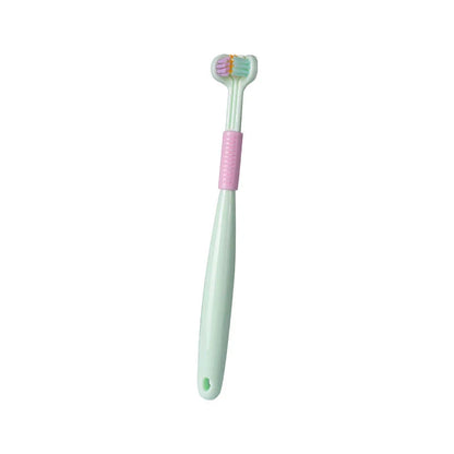 A soft bristle toothbrush with a unique triple-sided brush head for deep cleaning and customizable bristle firmness.