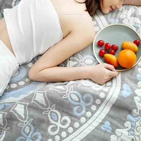 Pure cotton five-layer towel blanket with bohemian plant print, shown in blue or orange, 150x200cm or 200x230cm