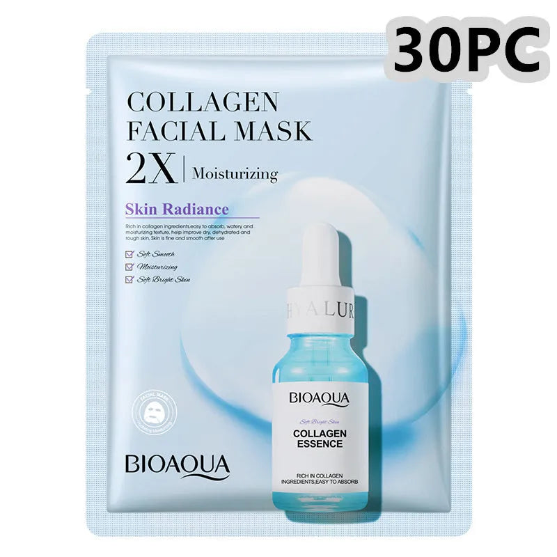 White collagen and hyaluronic acid facial sheet mask in 30g gel format on skin