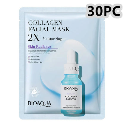 White collagen and hyaluronic acid facial sheet mask in 30g gel format on skin