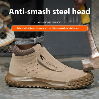 Low-top welder safety work shoe in sand colour with steel toe cap and lace-up front.