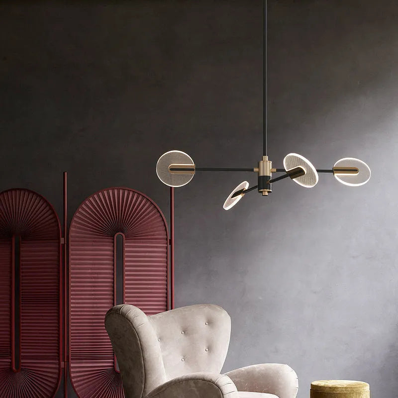 Nordic style iron frame LED chandelier with multiple acrylic shades, shown as a ceiling pendant lamp.