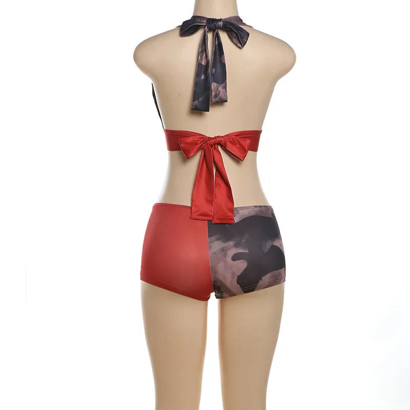 Women's red high waist hip lift printed shorts bikini set with 3D pattern