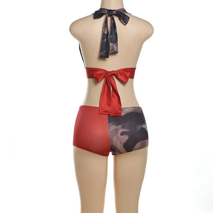 Women's red high waist hip lift printed shorts bikini set with 3D pattern