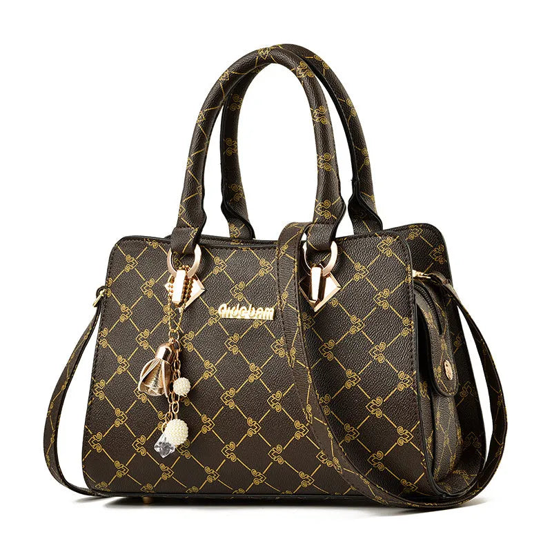 Women's geometric print PU leather messenger bag showing internal card slot, phone pocket, and document bag compartments.