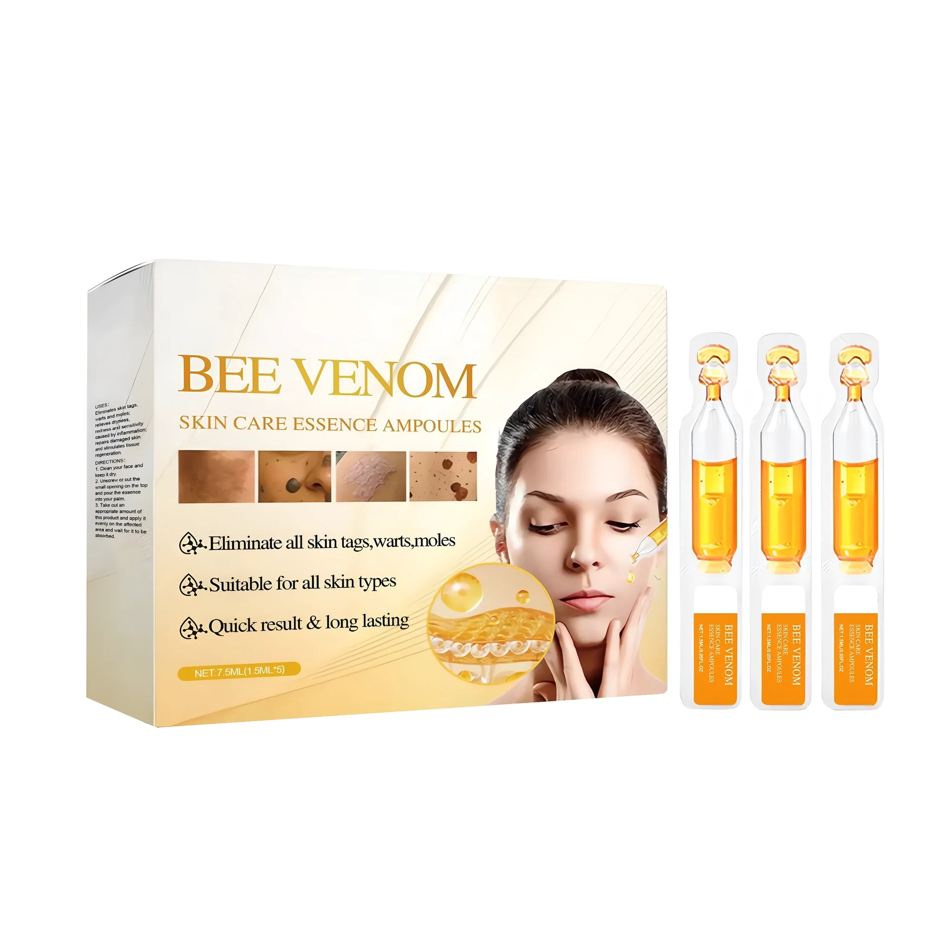 Five individual 1.5ml vials of bee venom skin soothing ampoule with ceramides and arnica
