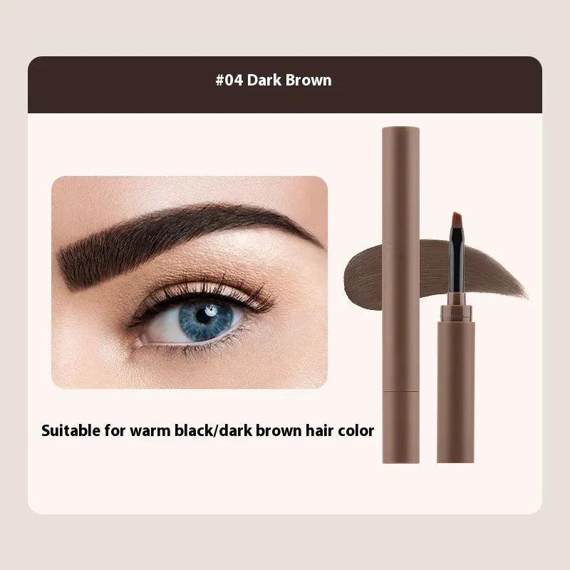 Double-headed eyebrow cream stick showing powder end and spoolie brush, with five colour shade options displayed.