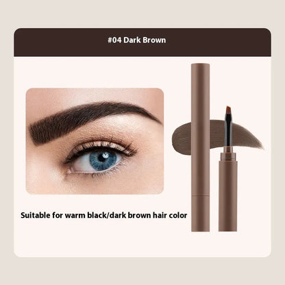 Double-headed eyebrow cream stick showing powder end and spoolie brush, with five colour shade options displayed.