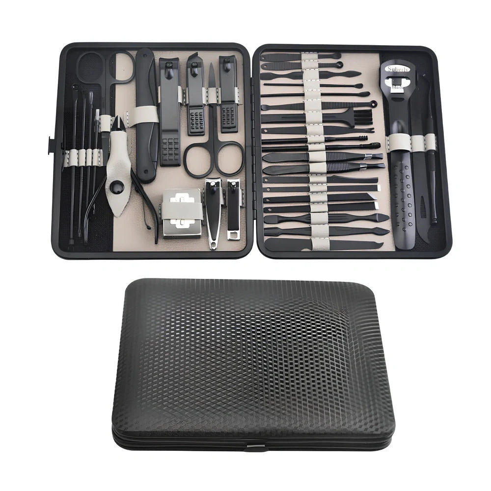 Beauty and manicure nail care kit with stainless steel tools in PU leather case showing multiple grooming implements
