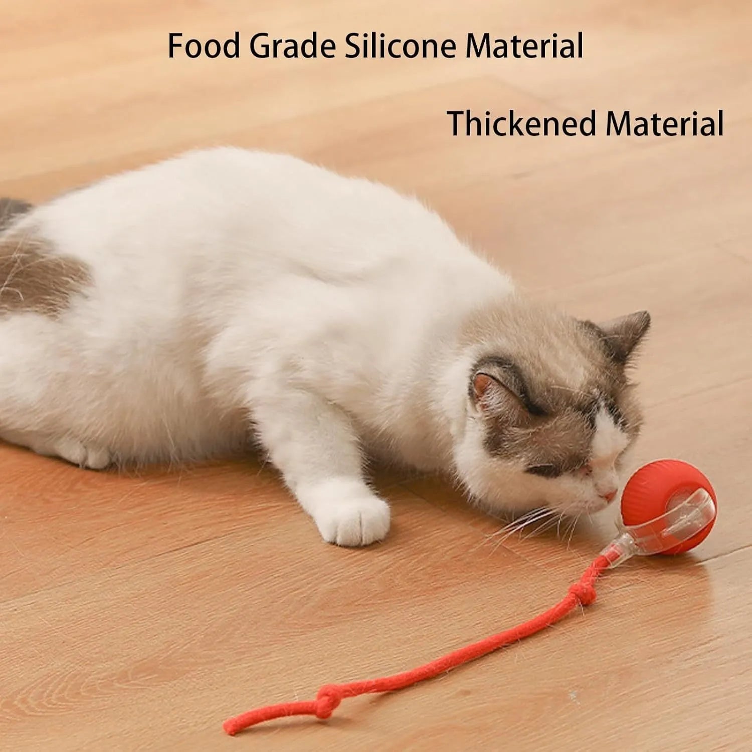 Smart automatic 360 rolling pet ball toy with rope attachment in grey, green, and red colours