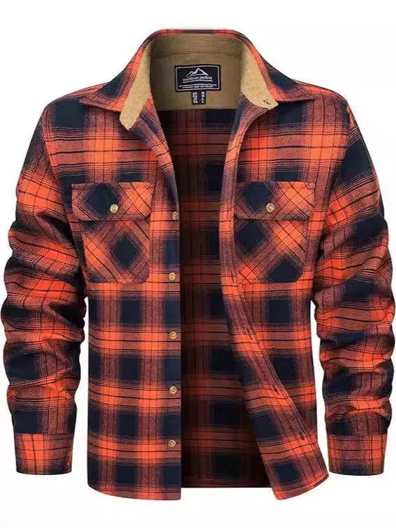 Men's polyester flannel button shirt in plaid pattern showing colour options and button-front design