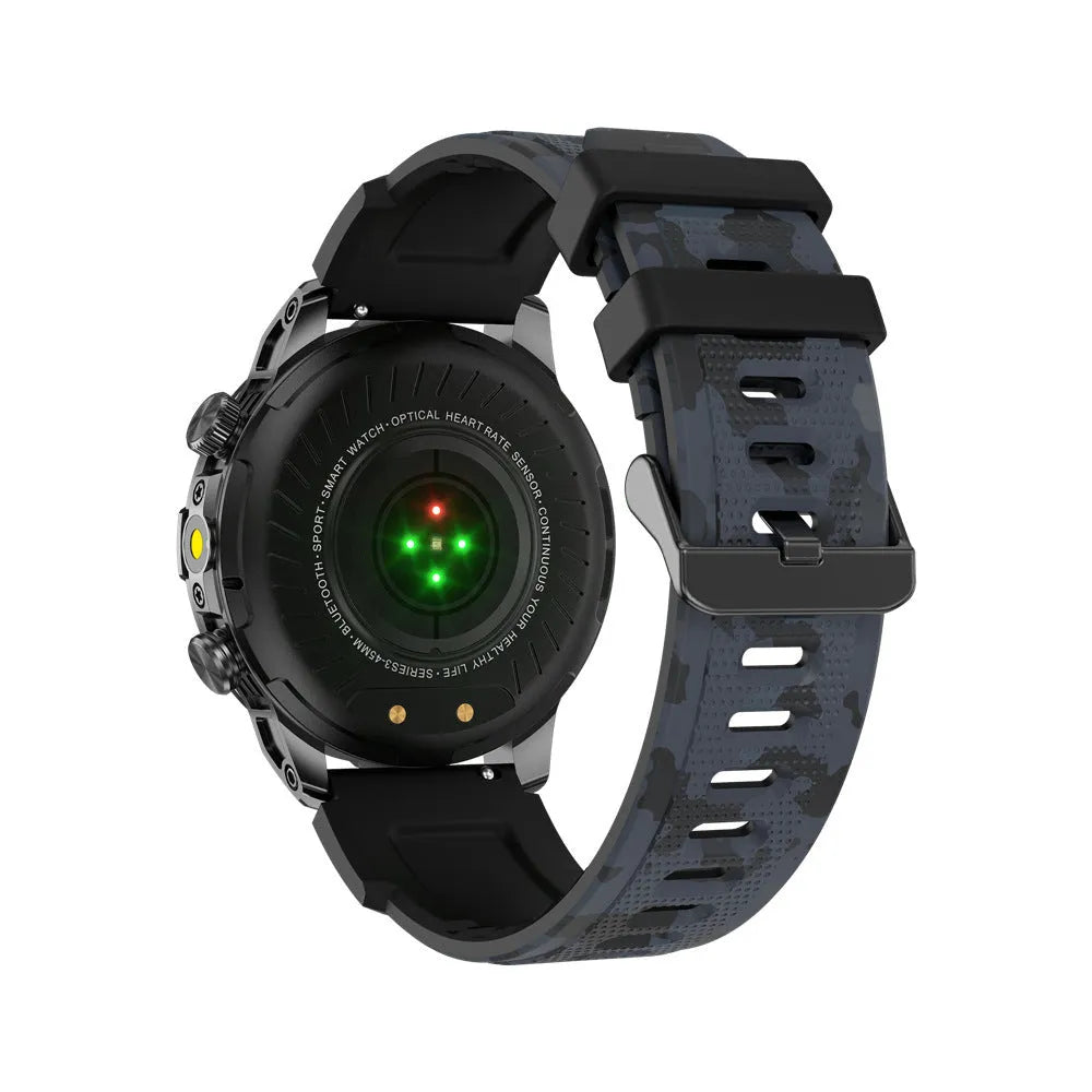 Sports smartwatch with AMOLED screen on silicone wristband showing heart rate display