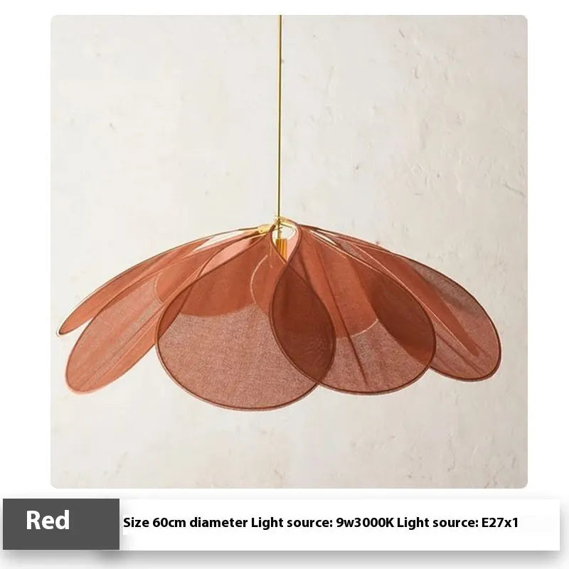A cloth-craft hanging lamp in log wind Bohemian style, showing fabric texture and soft light diffusion.