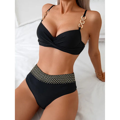 Black women's bikini swimsuit set with sleeveless top and briefs