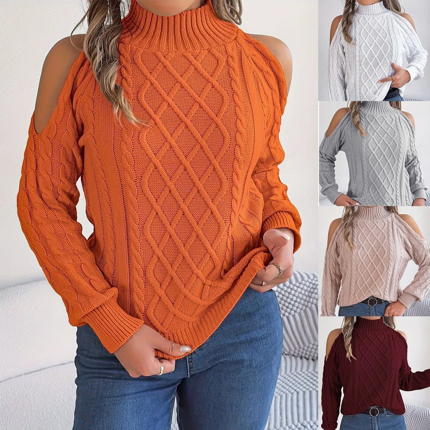 Gray women's acrylic pullover sweater with a strapless high collar, twisted pattern, and long lantern sleeves.