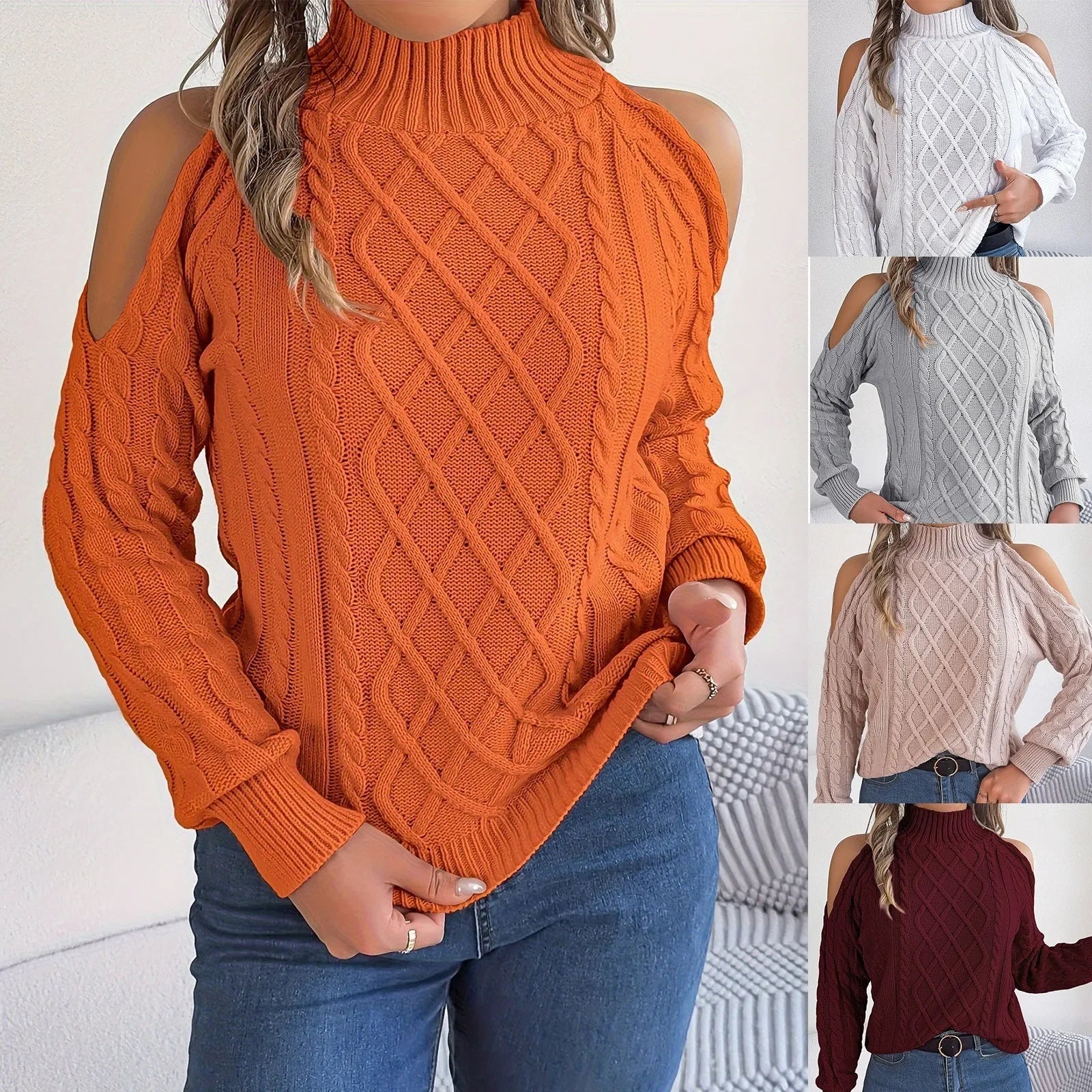 Gray women's acrylic pullover sweater with a strapless high collar, twisted pattern, and long lantern sleeves.
