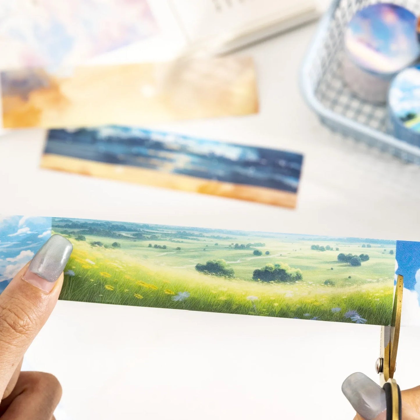Japanese paper washi tape roll with sky theme decoration, 30mm width, showing colourful clouds pattern