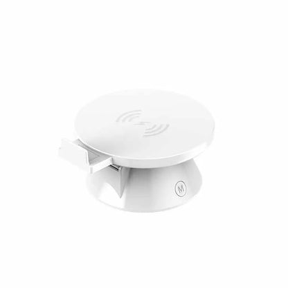 Small white plastic wireless phone charger holder with Bluetooth speaker, 12 × 10 × 6 cm, USB cable included