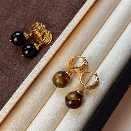 Geometric tigereye earrings with gold plating in black and brown colour options