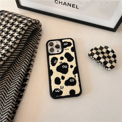 Black plush fairy design phone back cover for iPhone models including 13 Pro Max and 12 Pro.