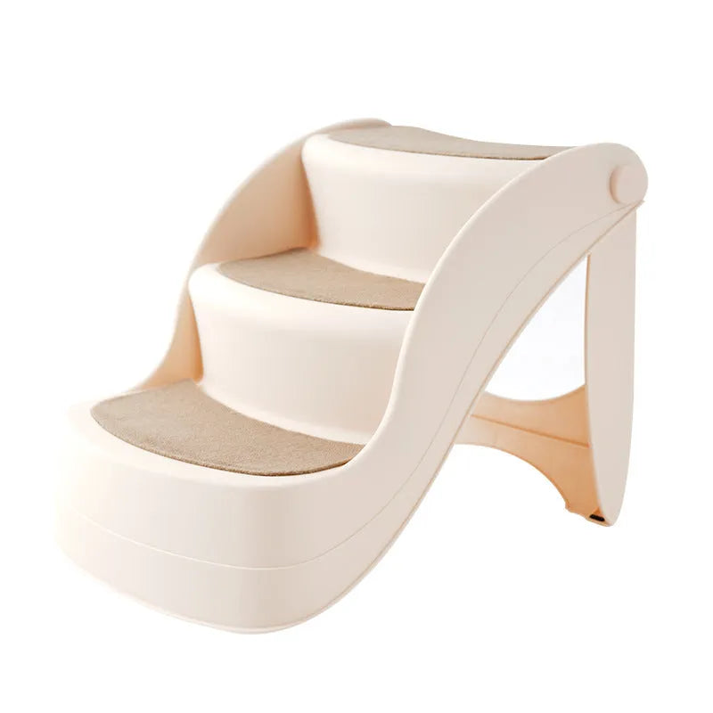 Foldable plastic pet stairs with three thickened steps and non-slip mats in a beige colour.