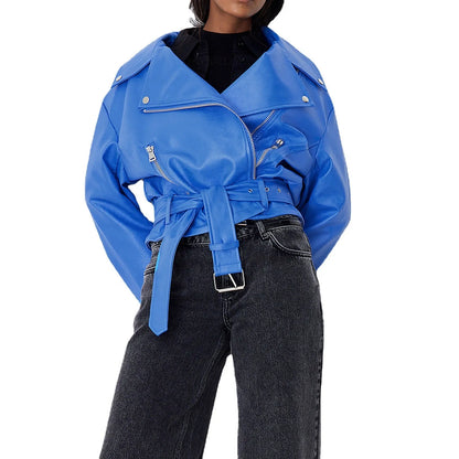 Punk style jacket with Peter Pan collar and drawstring waist in black, blue, or green colours