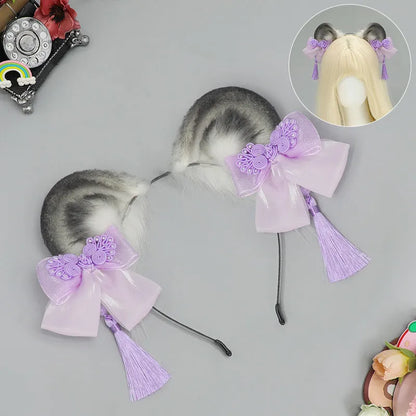 Plush panda animal ears headband with tassel in pink, blue, green and purple, handmade unisex Chinese style hair accessory