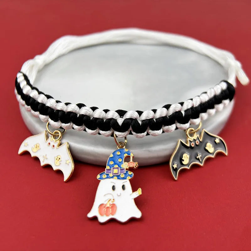 Halloween pet collar decoration with zinc alloy charms in pumpkin bat design on a black collar