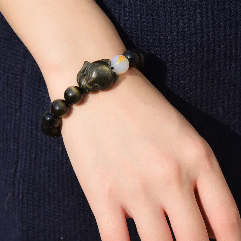 Natural obsidian stone bracelet with 10mm beads in gold, silver or black zodiac guardian styles