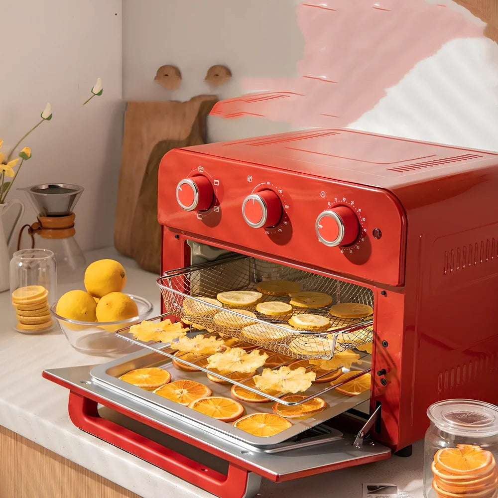 Red compact electric oven air fryer with mechanical knobs, 21-30 litre capacity, 414x383x332mm dimensions