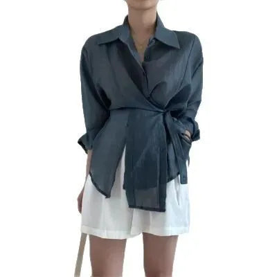 Irregular buckle lapel long sleeve shirt in smoky gray or white, polyester, S to XL, 50cm length