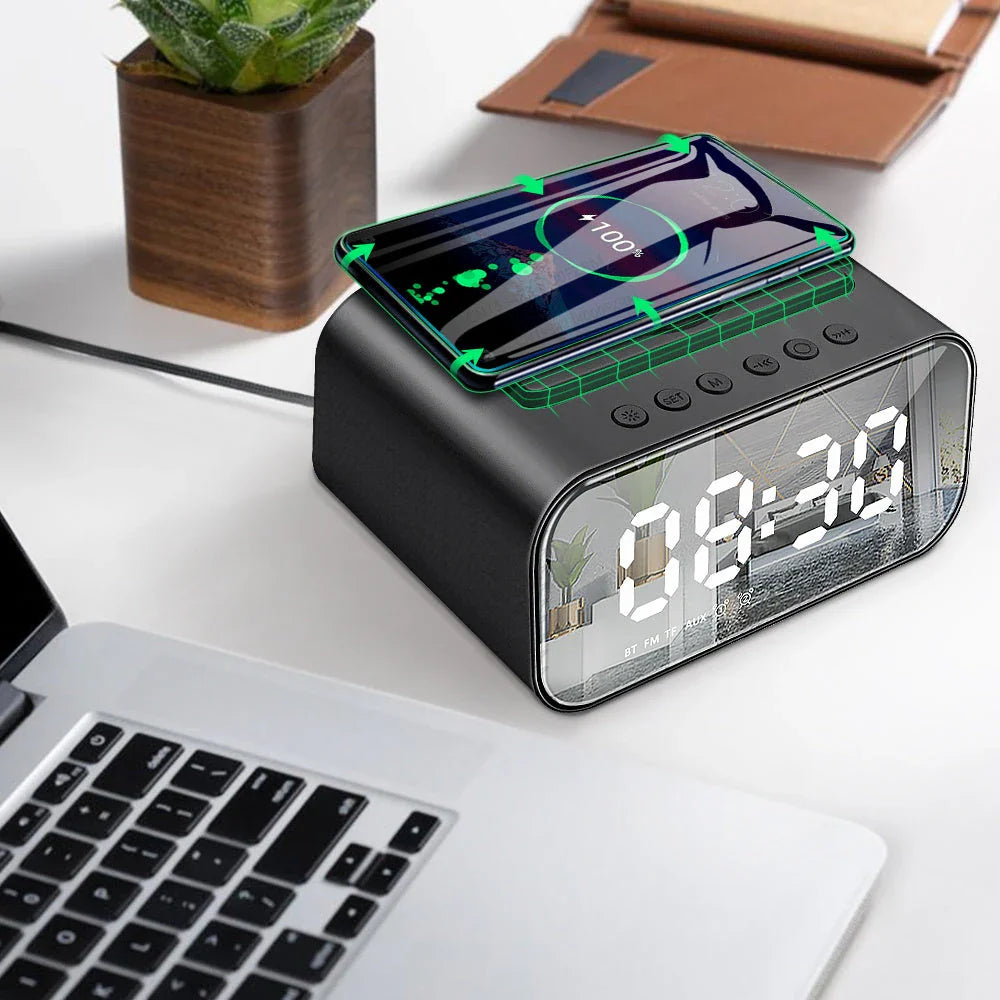 Wireless Charging Bluetooth Speaker Alarm Clock with LED Display - Versatile and Stylish Bedside Companion