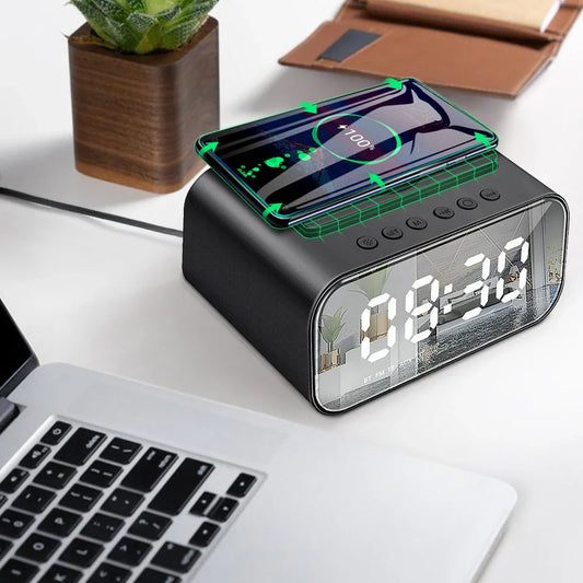 Wireless Charging Bluetooth Speaker Alarm Clock with LED Display - Versatile and Stylish Bedside Companion