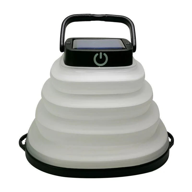 Compact and collapsible solar-powered camping lantern with adjustable brightness and IP68 waterproof rating