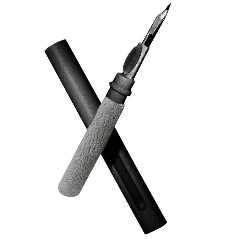 Black and white plastic earbud cleaning pen with a brush for headphones and mobile phones