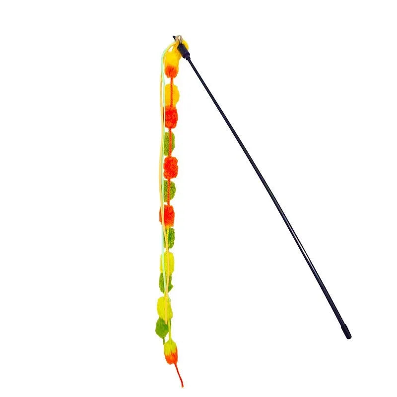 Rainbow cotton candy cat teaser wand with bell and 95cm aluminium alloy rod in blue pink, orange green, and light pink yellow colour options