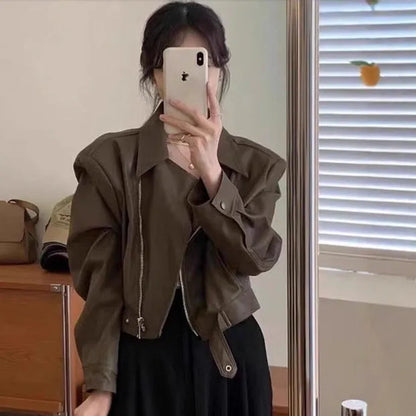 Women's brown retro slim fit leather coat jacket with pocket and regular sleeves