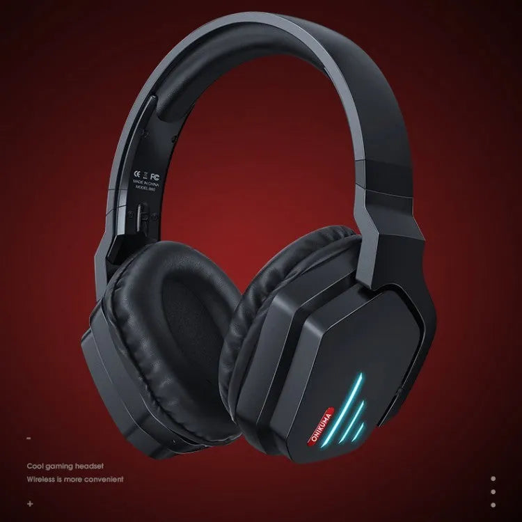Luminous black wireless gaming headphones showing over-ear design and head-mounted construction