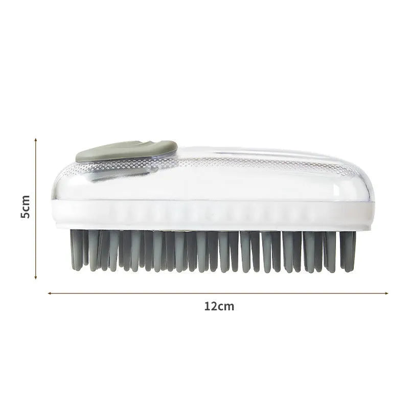Grey and pink silicone pet bath brush with soft bristles for dogs and cats.