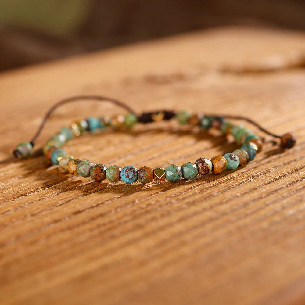 Adjustable natural African turquoise braided bracelet with irregular stone arrangement