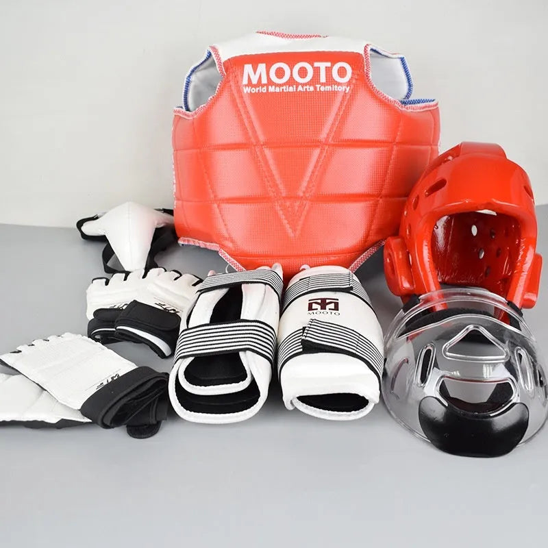 Taekwondo protective gear set in red or blue with four to eight pieces and sizes from 110cm to 190cm