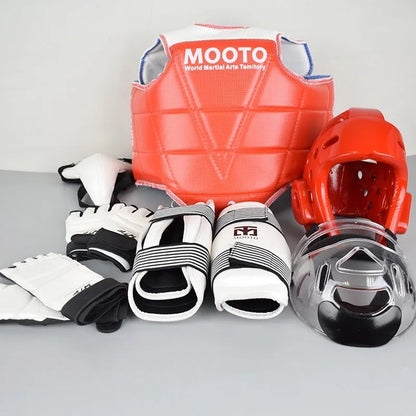 Taekwondo protective gear set in red or blue with four to eight pieces and sizes from 110cm to 190cm