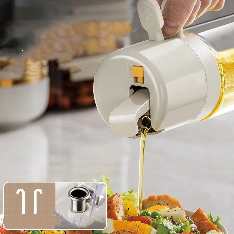 Warm grey glass oil sprayer bottle with a switchable nozzle for spray or pour modes.