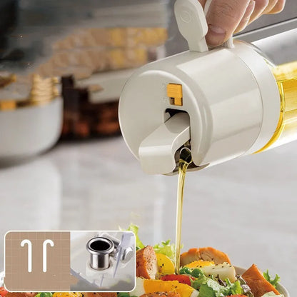 Warm grey glass oil sprayer bottle with a switchable nozzle for spray or pour modes.